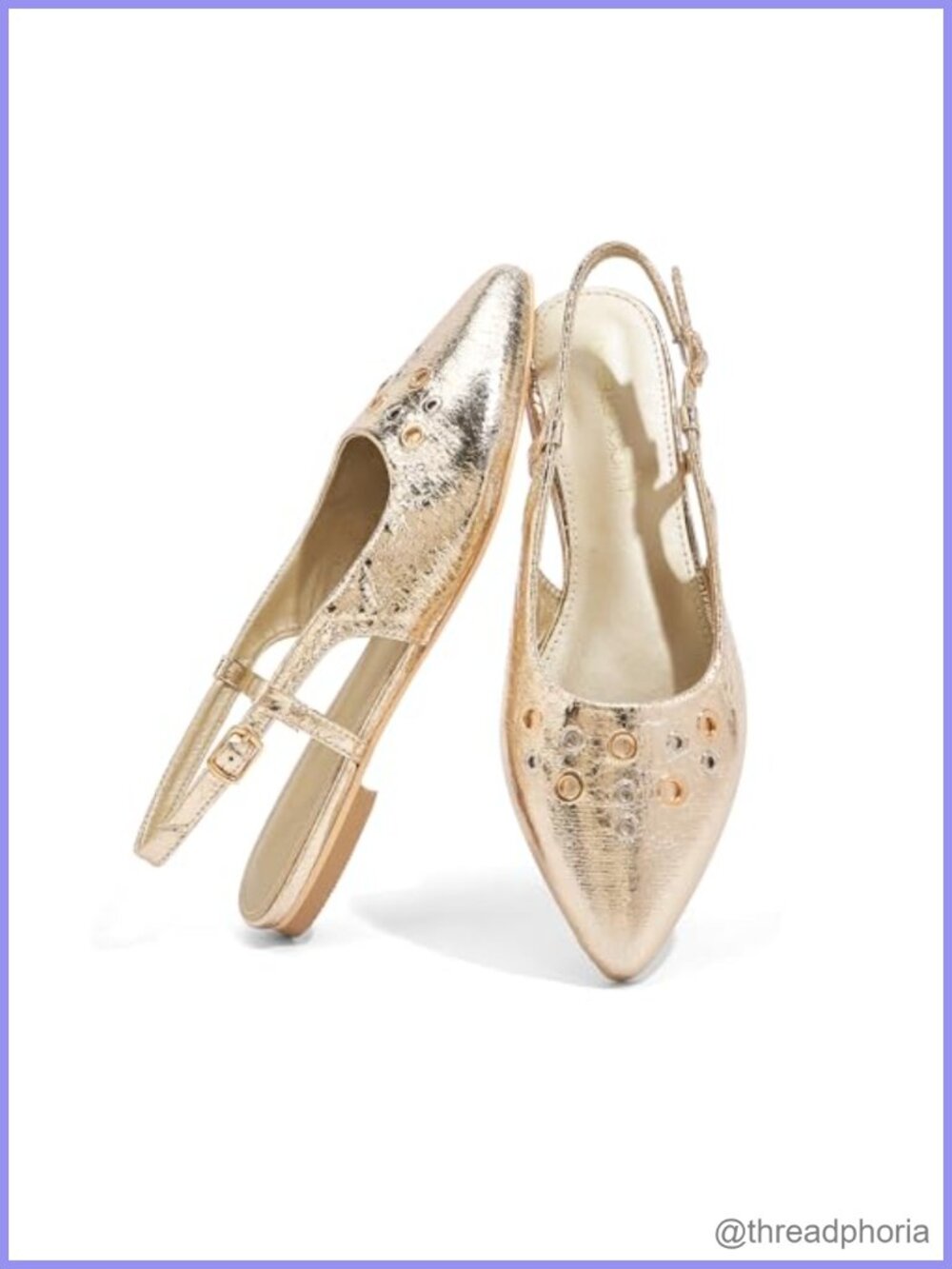 Structured Slingback Flats Pointed Toe Studded Adjustable Buckle Low Heel Dress